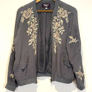 Johnnny Was Silk Grey Bomber jacket with cream embroidery